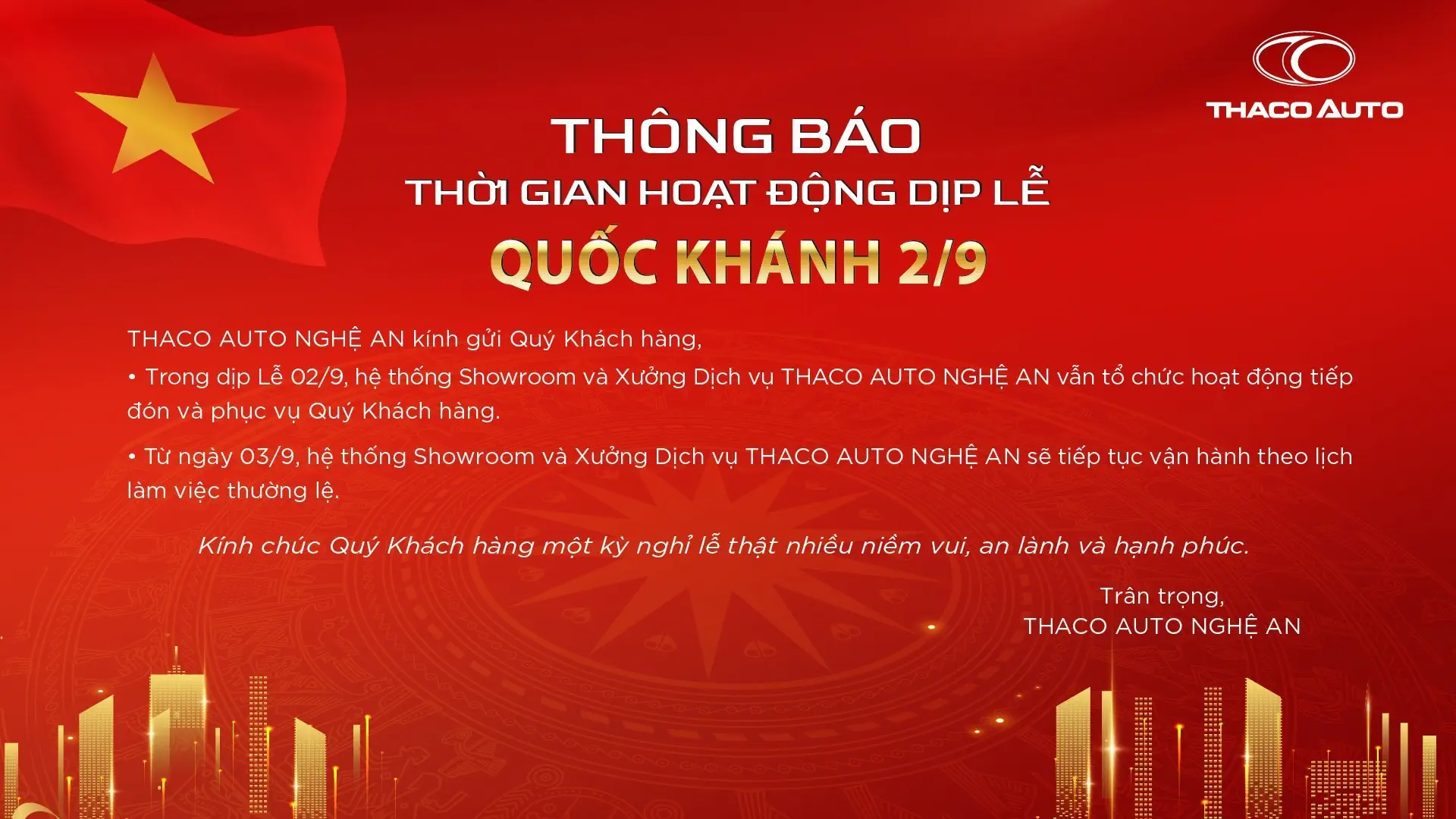 THÔNG BÁO THỜI GIAN HOẠT ĐỘNG DỊP LỄ QUỐC KHÁNH 02/9